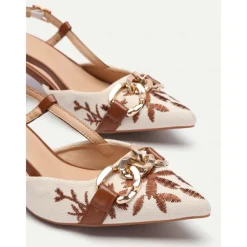 Women's Embroidered Slingback Pumps - Elegant Low Heel Shoes with Chain Detail