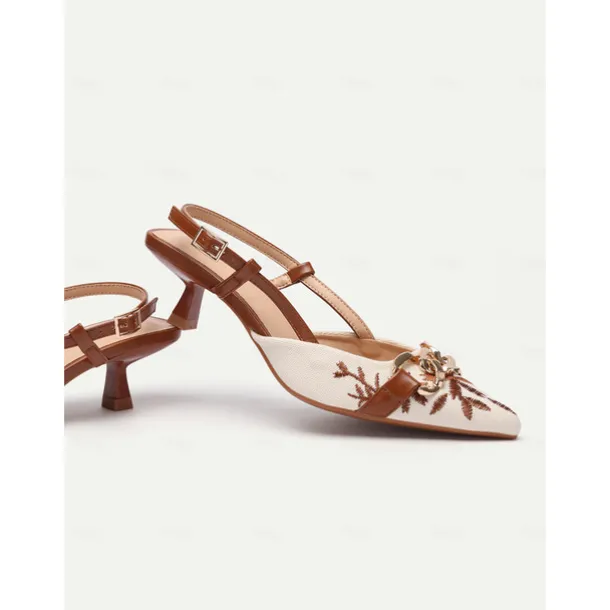 Women's Embroidered Slingback Pumps - Elegant Low Heel Shoes with Chain Detail