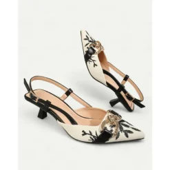 Women's Embroidered Slingback Pumps - Elegant Low Heel Shoes with Chain Detail