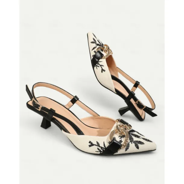 Women's Embroidered Slingback Pumps - Elegant Low Heel Shoes with Chain Detail