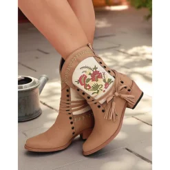Women's Embroidered Western Boots with Fringe and Tassels – Boho Chic Boots for Farm Work and Casual Outings