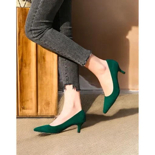 Women's Emerald Green Suede Pointed-Toe Pumps with Kitten Heels – Elegant Shoes for Office or Party Wear