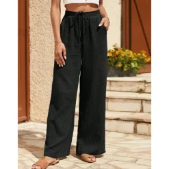 Women's EU / US Size Cotton Linen Pants Straight Comfort Trousers Full Length Natural Plain Drawstring Comfy Inelastic Daily Wear Casual Daily Apple Green Black Walnut Spring Fall & Winter Loose Fit