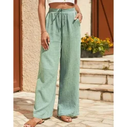 Women's EU / US Size Cotton Linen Pants Straight Comfort Trousers Full Length Natural Plain Drawstring Comfy Inelastic Daily Wear Casual Daily Apple Green Black Walnut Spring Fall & Winter Loose Fit