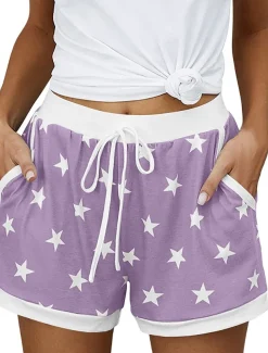 Women's EU / US Size Pajamas Track Pants Baggy Shorts Athleisure Athletic Short Medium Waist Star Pocket Printing Basic Outdoor Comfortable Sports Micro-elastic Casual Sports claret Spring Grass