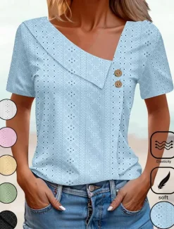 Women's Eyelet top Dressy Tops Elegant Stylish Solid Color Buttons Eyelet Short Sleeve Asymmetrical Daily Grass Green White Pink Army Green Blue Summer