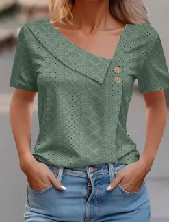 Women's Eyelet top Dressy Tops Elegant Stylish Solid Color Buttons Eyelet Short Sleeve Asymmetrical Daily Grass Green White Pink Army Green Blue Summer