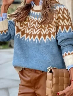 Women's Fair Isle Sweater Crew Neck Knit Knitted Fall Winter Outdoor Weekend Streetwear Daily Casual Long Sleeve Geometric Blue