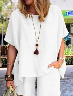 Women's Fashion Comfort Soft Linen-Inspired Sets Two Piece Sets Short Sleeve Short Pant Crew Neck Pure Color Pocket Elastic Waist Vacation Home Daily White Army Green Khaki Summer