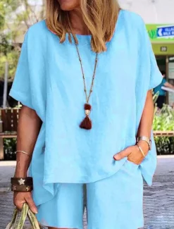 Women's Fashion Comfort Soft Linen-Inspired Sets Two Piece Sets Short Sleeve Short Pant Crew Neck Pure Color Pocket Elastic Waist Vacation Home Daily White Army Green Khaki Summer