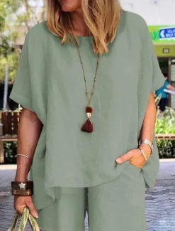 Women's Fashion Comfort Soft Linen-Inspired Sets Two Piece Sets Short Sleeve Short Pant Crew Neck Pure Color Pocket Elastic Waist Vacation Home Daily White Army Green Khaki Summer
