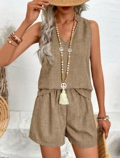 Women's Fashion Daily Basic Shorts Sets Sleeveless V Neck Solid Color Casual Daily Khaki Summer Regular Fit