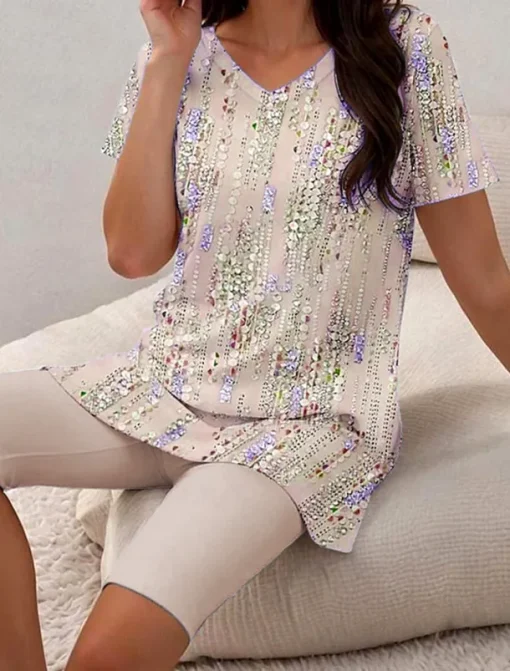 Women's Fashion Daily T Shirt Shorts Sets Short Sleeve V Neck Floral Graphic Polka Dot Print Daily Casual Daily Light Green Pink Khaki Summer Regular Fit