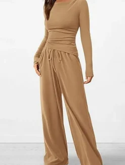 Women's Fashion Streetwear Daily Pants Sets Long Sleeve Crew Neck Plain Casual Daily Black Red Dark Green Summer Regular Fit