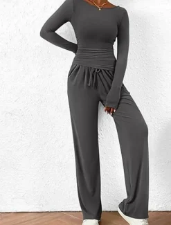 Women's Fashion Streetwear Daily Pants Sets Long Sleeve Crew Neck Plain Casual Daily Black Red Dark Green Summer Regular Fit