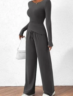 Women's Fashion Streetwear Daily Pants Sets Long Sleeve Crew Neck Plain Casual Daily Black Red Dark Green Summer Regular Fit