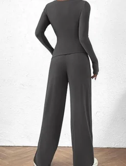 Women's Fashion Streetwear Daily Pants Sets Long Sleeve Crew Neck Plain Casual Daily Black Red Dark Green Summer Regular Fit