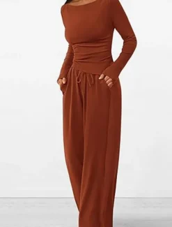 Women's Fashion Streetwear Daily Pants Sets Long Sleeve Crew Neck Plain Casual Daily Black Red Dark Green Summer Regular Fit