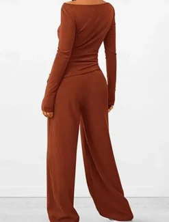 Women's Fashion Streetwear Daily Pants Sets Long Sleeve Crew Neck Plain Casual Daily Black Red Dark Green Summer Regular Fit