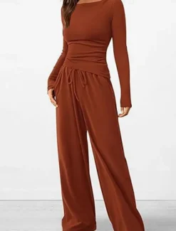 Women's Fashion Streetwear Daily Pants Sets Long Sleeve Crew Neck Plain Casual Daily Black Red Dark Green Summer Regular Fit