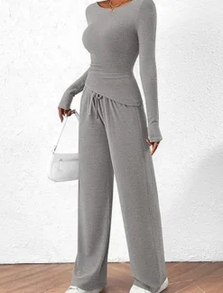 Women's Fashion Streetwear Daily Pants Sets Long Sleeve Crew Neck Plain Casual Daily Black Red Dark Green Summer Regular Fit