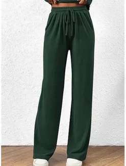 Women's Fashion Streetwear Daily Pants Sets Long Sleeve Crew Neck Plain Casual Daily Black Red Dark Green Summer Regular Fit