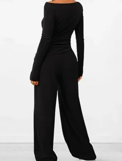 Women's Fashion Streetwear Daily Pants Sets Long Sleeve Crew Neck Plain Casual Daily Black Red Dark Green Summer Regular Fit