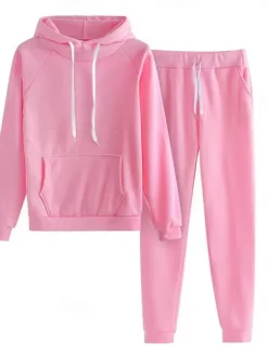 Women's Fashion Streetwear Daily Pants Sets Long Sleeve Hooded Solid Color Casual Daily Black Pink Red Summer Regular Fit