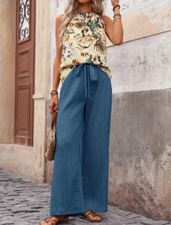 Women's Fashion Streetwear Daily Pants Sets Sleeveless Halter Neck Floral Print Casual Daily Navy Blue Royal Blue Blue Summer Regular Fit