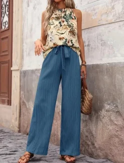 Women's Fashion Streetwear Daily Pants Sets Sleeveless Halter Neck Floral Print Casual Daily Navy Blue Royal Blue Blue Summer Regular Fit