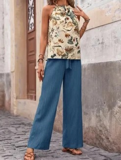 Women's Fashion Streetwear Daily Pants Sets Sleeveless Halter Neck Floral Print Casual Daily Navy Blue Royal Blue Blue Summer Regular Fit