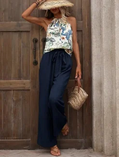 Women's Fashion Streetwear Daily Pants Sets Sleeveless Halter Neck Floral Print Casual Daily Navy Blue Royal Blue Blue Summer Regular Fit