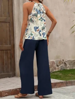 Women's Fashion Streetwear Daily Pants Sets Sleeveless Halter Neck Floral Print Casual Daily Navy Blue Royal Blue Blue Summer Regular Fit