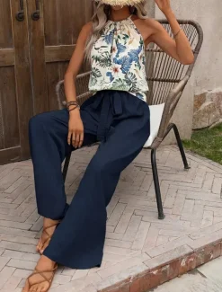 Women's Fashion Streetwear Daily Pants Sets Sleeveless Halter Neck Floral Print Casual Daily Navy Blue Royal Blue Blue Summer Regular Fit