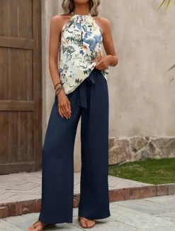 Women's Fashion Streetwear Daily Pants Sets Sleeveless Halter Neck Floral Print Casual Daily Navy Blue Royal Blue Blue Summer Regular Fit