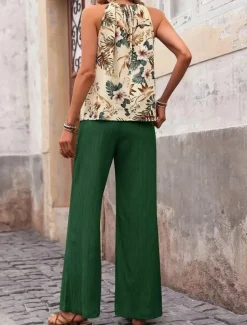 Women's Fashion Streetwear Daily Pants Sets Sleeveless Halter Neck Floral Print Casual Daily Navy Blue Royal Blue Blue Summer Regular Fit