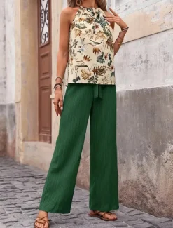 Women's Fashion Streetwear Daily Pants Sets Sleeveless Halter Neck Floral Print Casual Daily Navy Blue Royal Blue Blue Summer Regular Fit