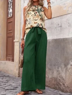 Women's Fashion Streetwear Daily Pants Sets Sleeveless Halter Neck Floral Print Casual Daily Navy Blue Royal Blue Blue Summer Regular Fit