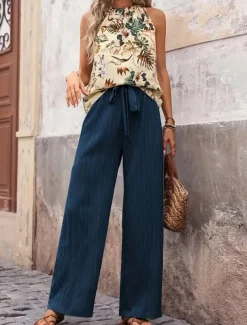 Women's Fashion Streetwear Daily Pants Sets Sleeveless Halter Neck Floral Print Casual Daily Navy Blue Royal Blue Blue Summer Regular Fit