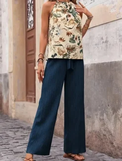 Women's Fashion Streetwear Daily Pants Sets Sleeveless Halter Neck Floral Print Casual Daily Navy Blue Royal Blue Blue Summer Regular Fit