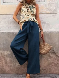 Women's Fashion Streetwear Daily Pants Sets Sleeveless Halter Neck Floral Print Casual Daily Navy Blue Royal Blue Blue Summer Regular Fit