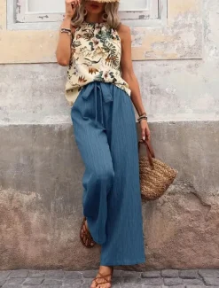 Women's Fashion Streetwear Daily Pants Sets Sleeveless Halter Neck Floral Print Casual Daily Navy Blue Royal Blue Blue Summer Regular Fit