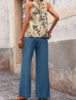 Women's Fashion Streetwear Daily Pants Sets Sleeveless Halter Neck Floral Print Casual Daily Navy Blue Royal Blue Blue Summer Regular Fit