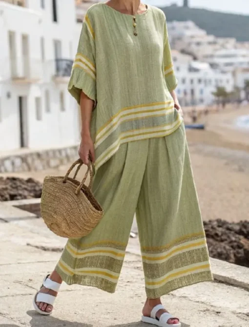 Women's Fashion Streetwear Daily Pants Sets Long Sleeve Round Neck Striped Print Casual Daily Red Blue Green Summer Regular Fit