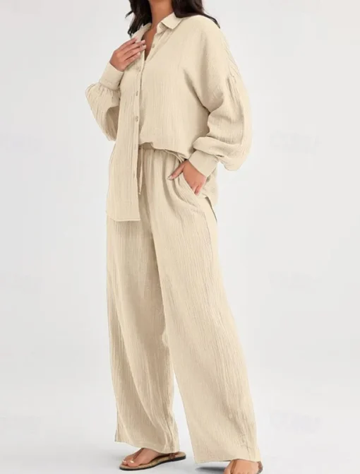 Women's Fashion Streetwear Shirt Two Piece Sets Pants Sets Long Sleeve Shirt Collar Solid Color Drawstring Daily Wear Date Black Wine Army Green Spring Regular Fit