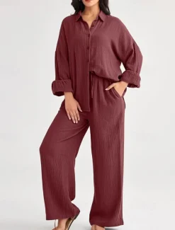 Women's Fashion Streetwear Shirt Two Piece Sets Pants Sets Long Sleeve Shirt Collar Solid Color Drawstring Daily Wear Date Black Wine Army Green Spring Regular Fit