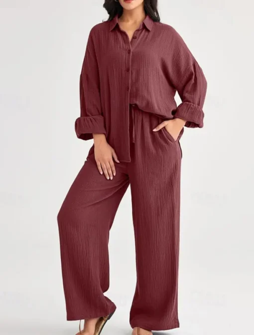 Women's Fashion Streetwear Shirt Two Piece Sets Pants Sets Long Sleeve Shirt Collar Solid Color Drawstring Daily Wear Date Black Wine Army Green Spring Regular Fit