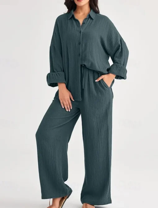 Women's Fashion Streetwear Shirt Two Piece Sets Pants Sets Long Sleeve Shirt Collar Solid Color Drawstring Daily Wear Date Black Wine Army Green Spring Regular Fit