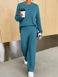 Women's Fashion Streetwear Daily Sweatshirt Sweatpants Long Sleeve Crew Neck Plain Casual Daily Navy Blue Blue Khaki Fall Regular Fit