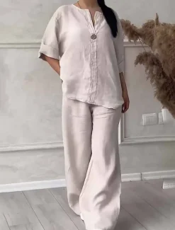 Women's Fashion Streetwear Daily Shirt Linen-Inspired Sets Two Piece Sets Wide Leg Pants 3/4 Length Sleeve Crew Neck Plain Casual Daily Black White Army Green Summer Regular Fit